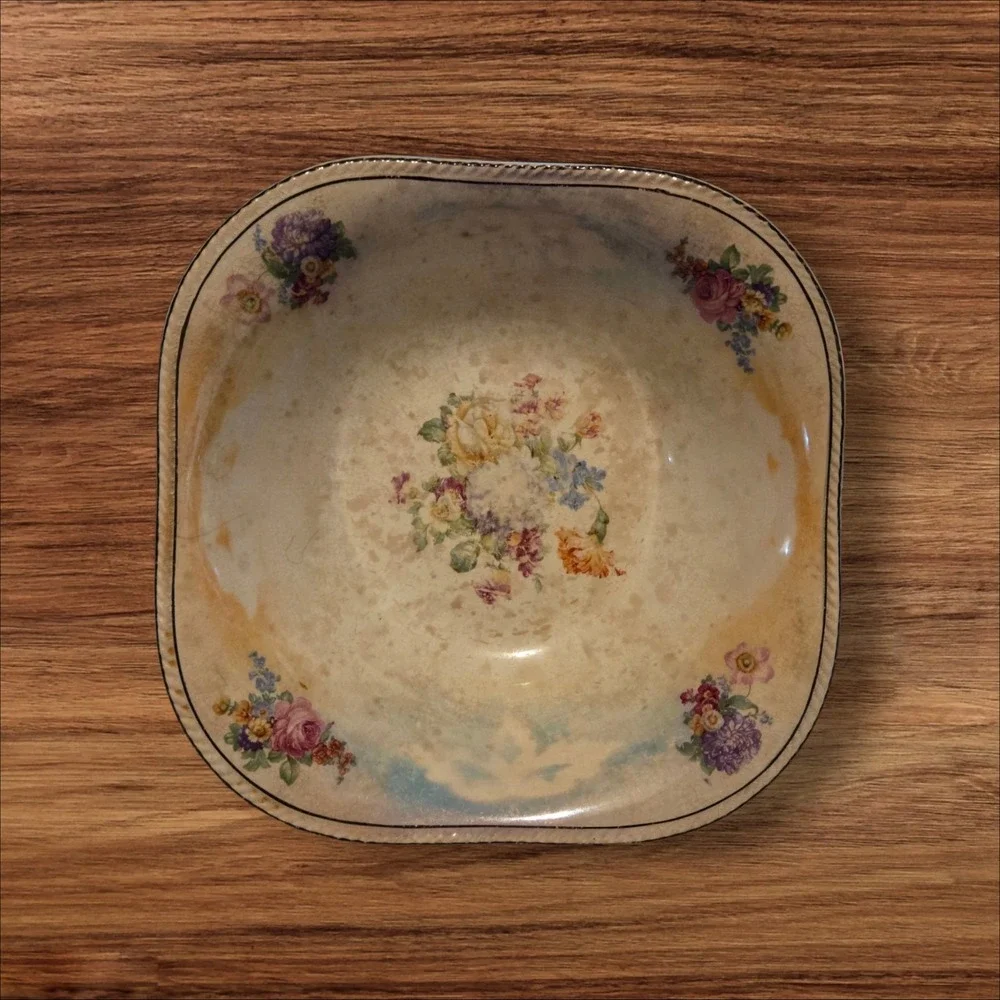 Vintage Crown Ivory Floral  Square Bowl ~ 9